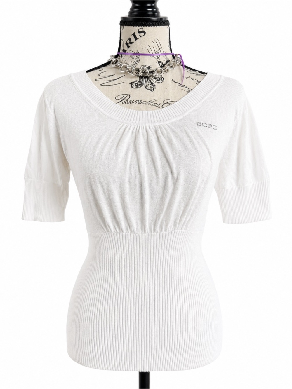 BCBG White Scoop-Neck Ribbed Waist Knit Top